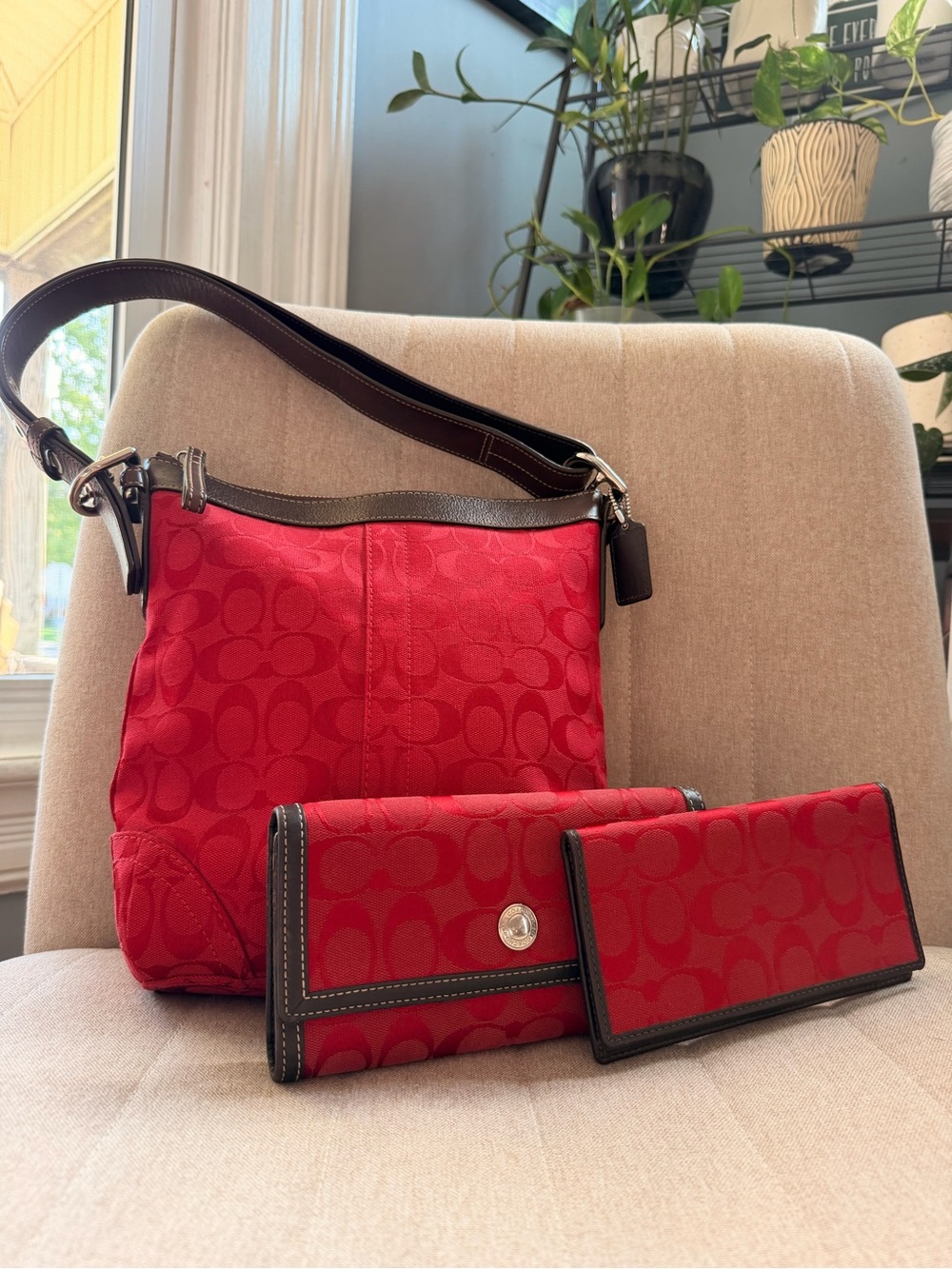 COACH Red Signature C Convertible Duffle Bag & Matching Wallet/Cheque book Set